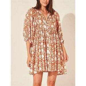 Floral Print Dolman Sleeves Pleated Dress - Rust